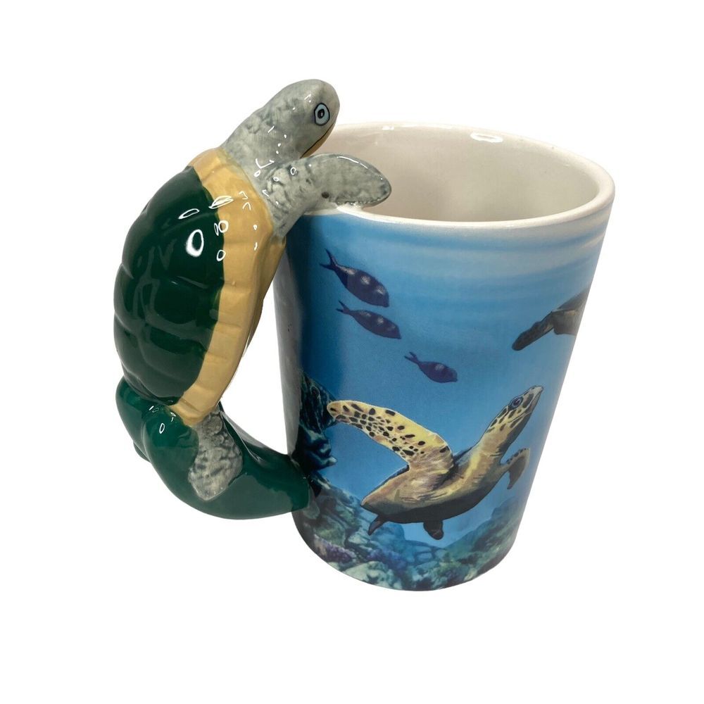 Coffee Mug Turtle Handle Seaworld Novelty Gift Ceramic Art Pottery